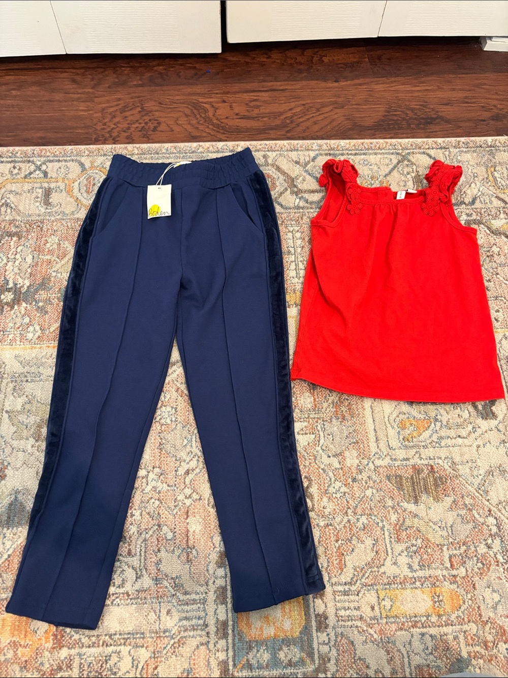 Mini Boden Navy Pants and Red Ruffle Sleeve Tank Top